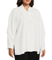 Ming Wang Plus Size Crepe De Chine Mock Tie Neck Long Raglan Sleeve Blouse