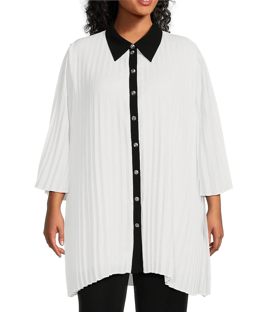 Ming Wang Plus Size Crepe de Chine Pleated Contrast Trim Point Collar 3/4 Bell Sleeve Button-Front Shirt Dress