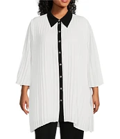 Ming Wang Plus Size Crepe de Chine Pleated Contrast Trim Point Collar 3/4 Bell Sleeve Button-Front Shirt Dress