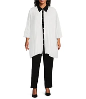 Ming Wang Plus Size Crepe de Chine Pleated Contrast Trim Point Collar 3/4 Bell Sleeve Button-Front Shirt Dress