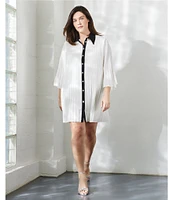 Ming Wang Plus Size Crepe de Chine Pleated Contrast Trim Point Collar 3/4 Bell Sleeve Button-Front Shirt Dress