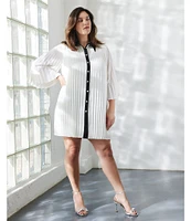 Ming Wang Plus Size Crepe de Chine Pleated Contrast Trim Point Collar 3/4 Bell Sleeve Button-Front Shirt Dress