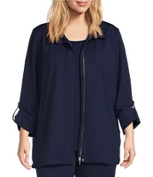 Ming Wang Plus Size Deco Crepe 3/4 Sleeve Zip Front Jacket