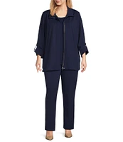 Ming Wang Plus Size Deco Crepe 3/4 Sleeve Zip Front Jacket