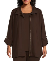 Ming Wang Plus Size Deco Crepe 3/4 Sleeve Zip Front Jacket