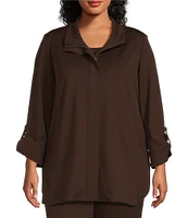 Ming Wang Plus Size Deco Crepe 3/4 Sleeve Zip Front Jacket