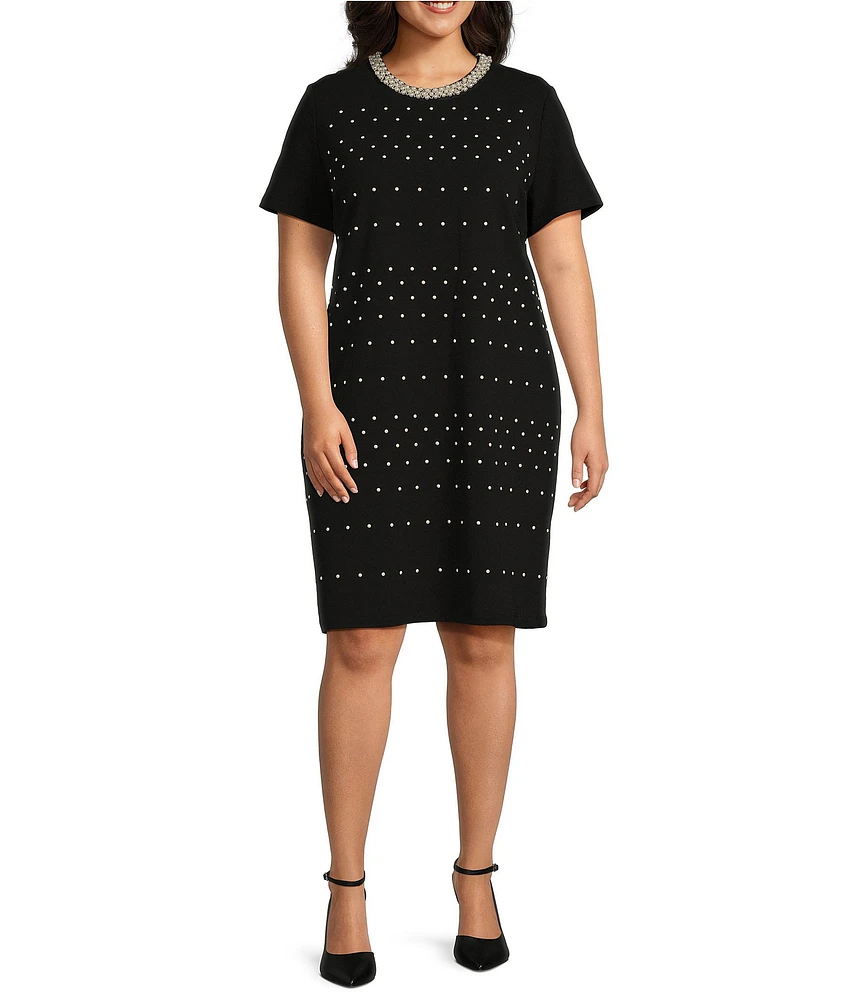 Ming Wang Plus Size Deco Crepe Embellished Faux Pearls Crew Neck Short Sleeve Coordinating Dress