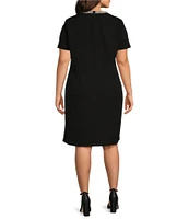 Ming Wang Plus Size Deco Crepe Embellished Faux Pearls Crew Neck Short Sleeve Coordinating Dress