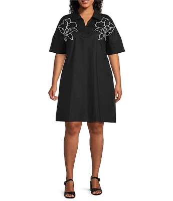 Ming Wang Plus Size Embroidered Stretch Cotton V-Neck Short Sleeve Shirt Dress
