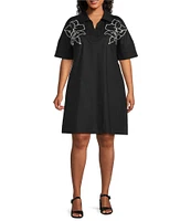 Ming Wang Plus Size Embroidered Stretch Cotton V-Neck Short Sleeve Shirt Dress