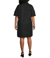 Ming Wang Plus Size Embroidered Stretch Cotton V-Neck Short Sleeve Shirt Dress