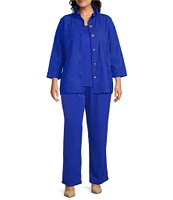 Ming Wang Plus Size Embroidered Tailored Fit Ruched Collar Bracelet Sleeve Jacket