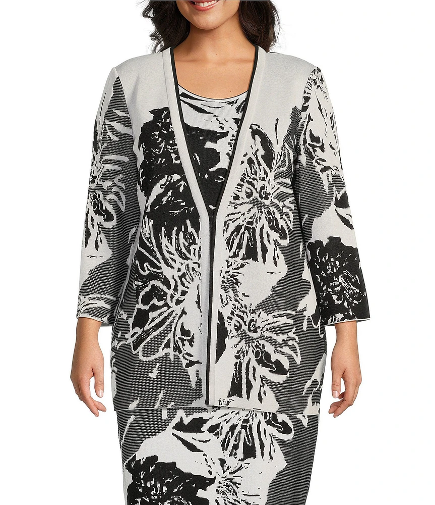 Ming Wang Plus Size Floral Jacquard Knit Open Front Bracelet Sleeve Cardigan