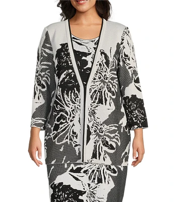 Ming Wang Plus Size Floral Jacquard Knit Open Front Bracelet Sleeve Cardigan