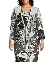 Ming Wang Plus Size Floral Jacquard Knit Open Front Bracelet Sleeve Cardigan