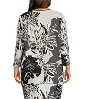 Ming Wang Plus Size Floral Jacquard Knit Open Front Bracelet Sleeve Cardigan