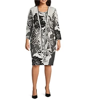 Ming Wang Plus Size Floral Jacquard Knit Open Front Bracelet Sleeve Cardigan