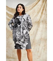 Ming Wang Plus Size Floral Jacquard Knit Open Front Bracelet Sleeve Cardigan