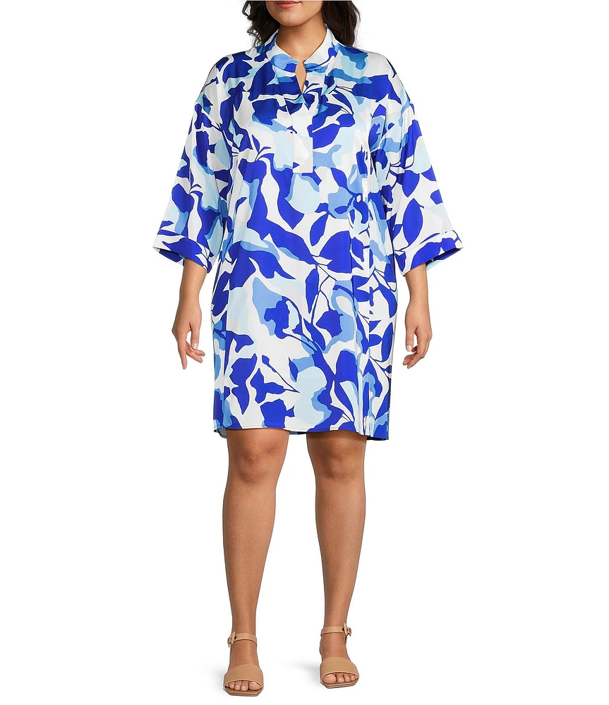 Ming Wang Plus Size Floral Print Crepe De Chine Split Collar Elbow Sleeve Dress