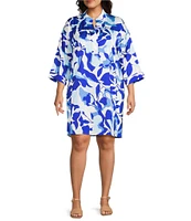 Ming Wang Plus Size Floral Print Crepe De Chine Split Collar Elbow Sleeve Dress