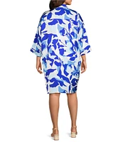 Ming Wang Plus Size Floral Print Crepe De Chine Split Collar Elbow Sleeve Dress