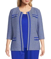 Ming Wang Plus Size Honeycomb Tweed Knit Round Neck 3/4 Sleeve Jacket