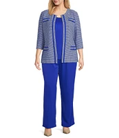 Ming Wang Plus Size Honeycomb Tweed Knit Round Neck 3/4 Sleeve Jacket