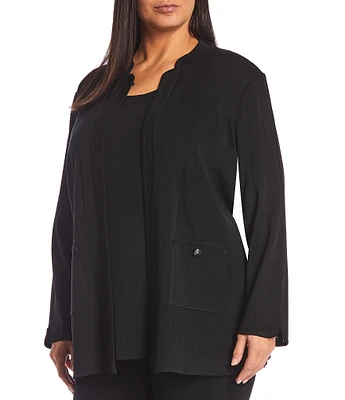 Ming Wang Plus Size Long Sleeve Shoulder Pad Banded Collar Jacket