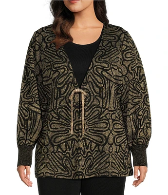 Ming Wang Plus Size Lurex Knit Metallic Swirl Long Balloon Sleeve Jacket