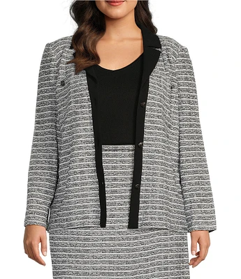 Ming Wang Plus Size Mixed-Media Melange Stripe Notch Collar Long Sleeve Button-Front Coordinating Cropped Jacket