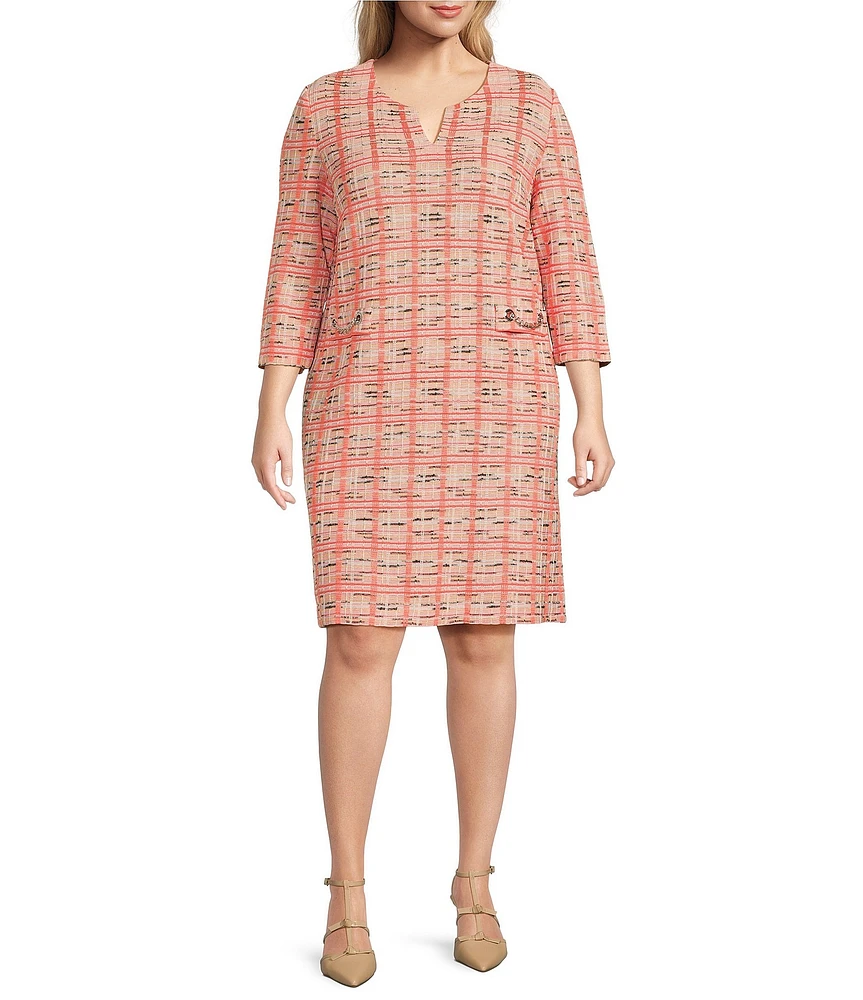 Ming Wang Plus Size Multi Plaid Split V-Neck 3/4 Sleeve Sheath Dress
