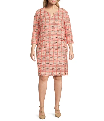 Ming Wang Plus Size Multi Plaid Split V-Neck 3/4 Sleeve Sheath Dress