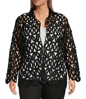 Ming Wang Plus Size Novelty Woven Geo Circle Cutout Lapel Collar Long Sleeve Jacket