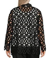 Ming Wang Plus Size Novelty Woven Geo Circle Cutout Lapel Collar Long Sleeve Jacket