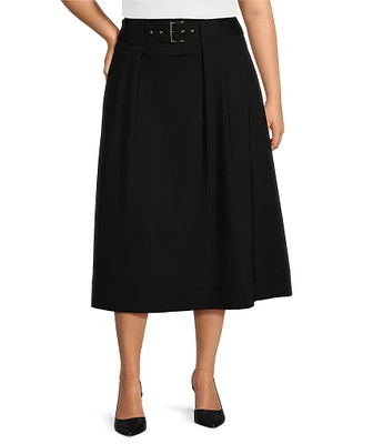 Ming Wang Plus Size Ponte Belted Midi A-Line Skirt