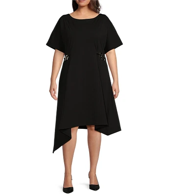 Ming Wang Plus Size Ponte Boat Neck Short Dolman Sleeve Chain Detail Midi A-Line Dress