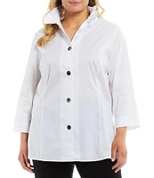 Ming Wang Plus Size Poplin Ruffle Mock Neck 3/4 Sleeve Button Front Tunic