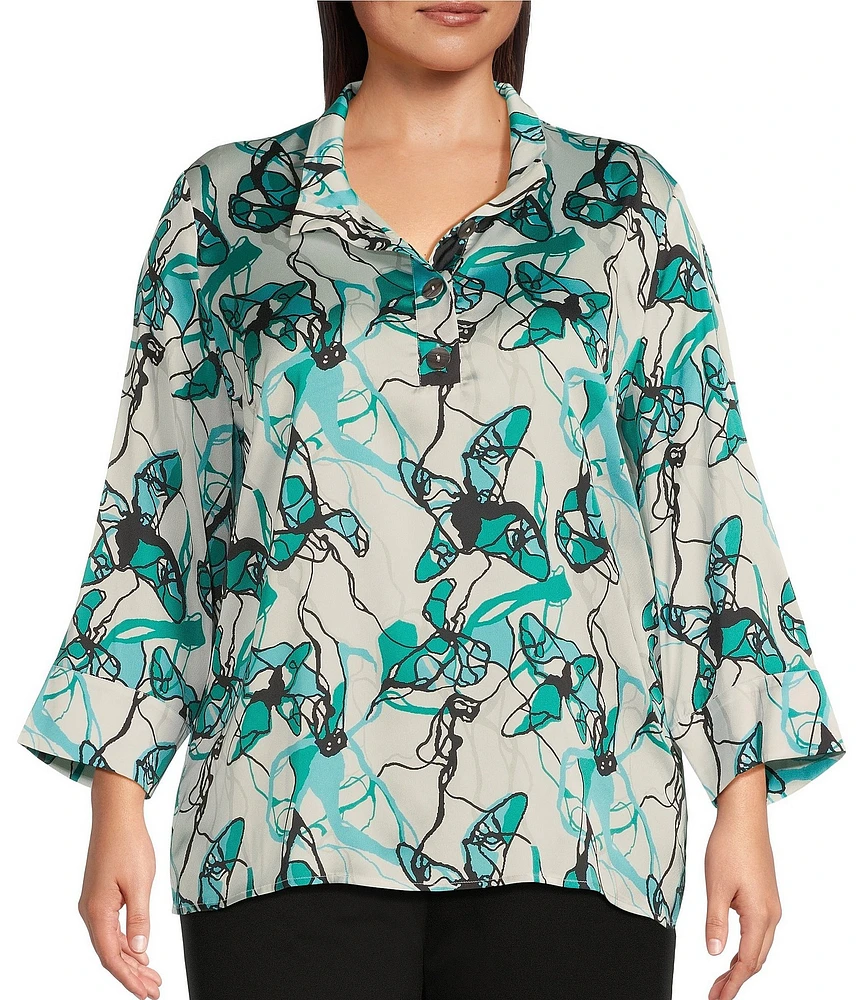 Ming Wang Plus Size Printed Charmeuse Stand Collar Bracelet Sleeve Tunic