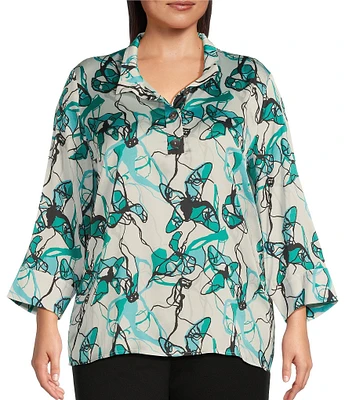 Ming Wang Plus Size Printed Charmeuse Stand Collar Bracelet Sleeve Tunic
