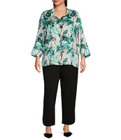 Ming Wang Plus Size Printed Charmeuse Stand Collar Bracelet Sleeve Tunic