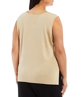 Ming Wang Plus Size Scoop Neck Sleeveless Side Slit Metallic Shimmer Knit Tank