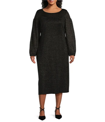 Ming Wang Plus Size Shimmer Knit Boat Neck Long Balloon Sleeve Midi Sheath Dress