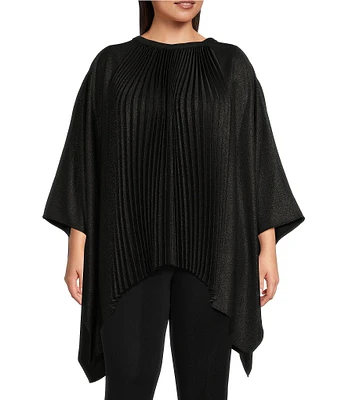 Ming Wang Plus Size Shimmering Pleated Crew Neck 3/4 Sleeve Poncho Top