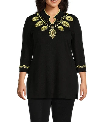 Ming Wang Plus Size Soutache Trim Split Mandarin 3/4 Sleeve Jeweled Trim Side Slit Tunic