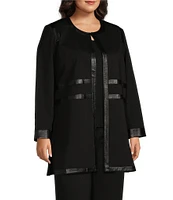 Ming Wang Plus Size Stretch Ponte Faux Leather Trim Round Neck Long Sleeve Jacket