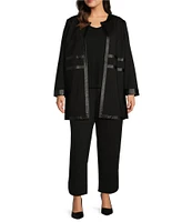 Ming Wang Plus Size Stretch Ponte Faux Leather Trim Round Neck Long Sleeve Jacket