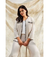 Ming Wang Plus Size Textured Knit Eyelash Trim V-Neck Long Sleeve Jacket