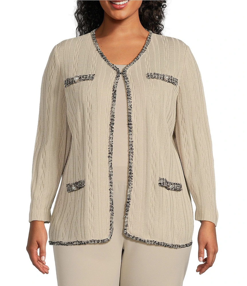 Ming Wang Plus Size Textured Knit Eyelash Trim V-Neck Long Sleeve Jacket