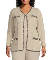 Ming Wang Plus Size Textured Knit Eyelash Trim V-Neck Long Sleeve Jacket