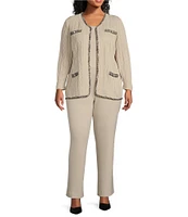 Ming Wang Plus Size Textured Knit Eyelash Trim V-Neck Long Sleeve Jacket